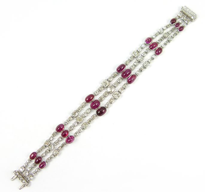 Art Deco cabochon ruby and box collet diamond three row bracelet | MasterArt